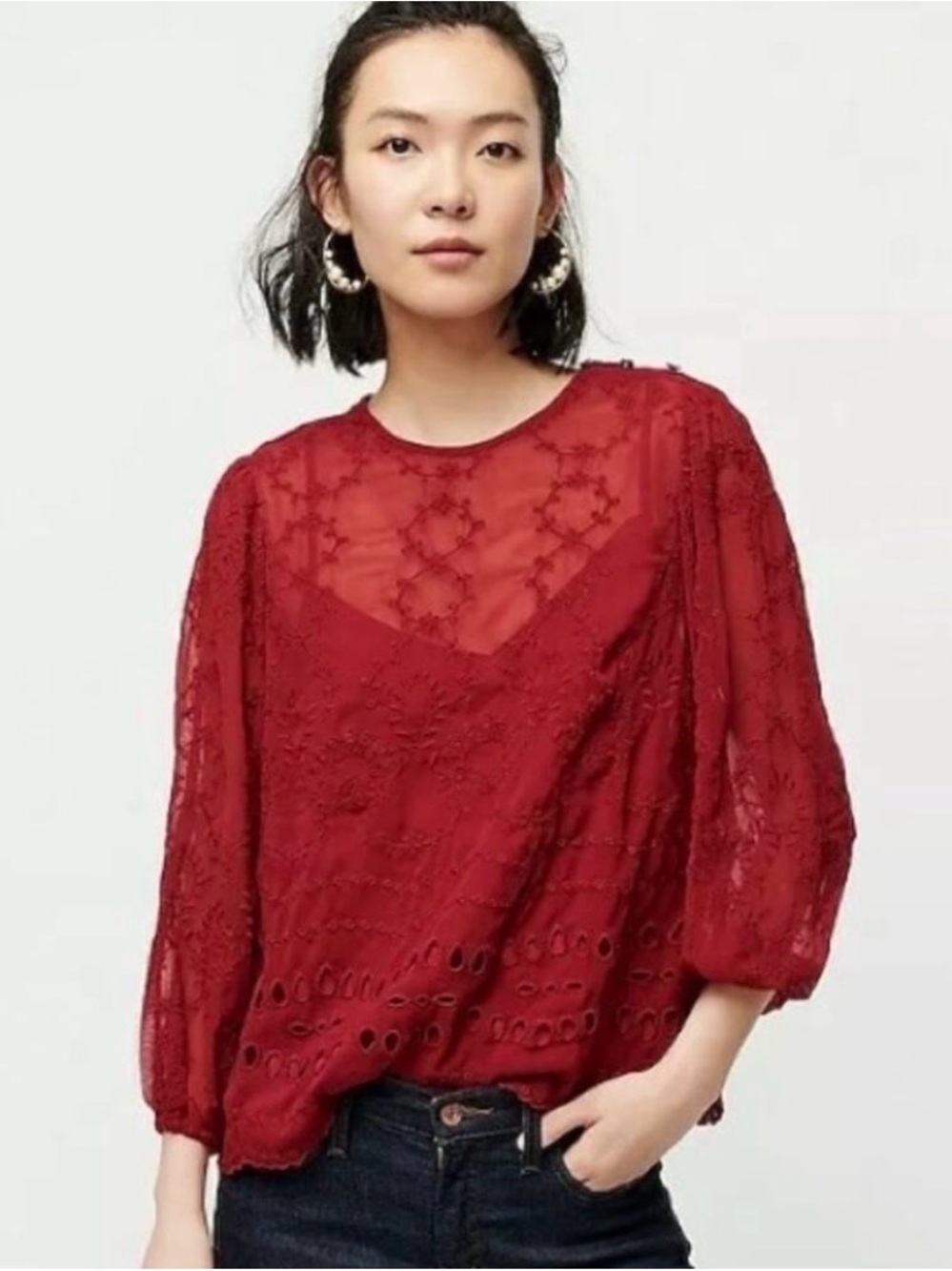 J Crew Lace Eyelet Flowy Sheer Blouse Size Medium